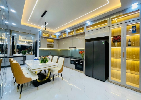 Tủ bếp chữ L phủ Acrylic noline hãng An Cường